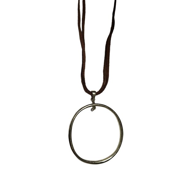 Boho Dual Tone Silver Gold Circle Pendant Leather Cord Necklace Minimalist Women - Picture 5 of 7